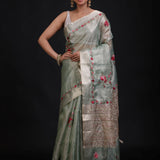 Sage Green Tissue Kota Silk Saree With Floral Thread Embroidery full