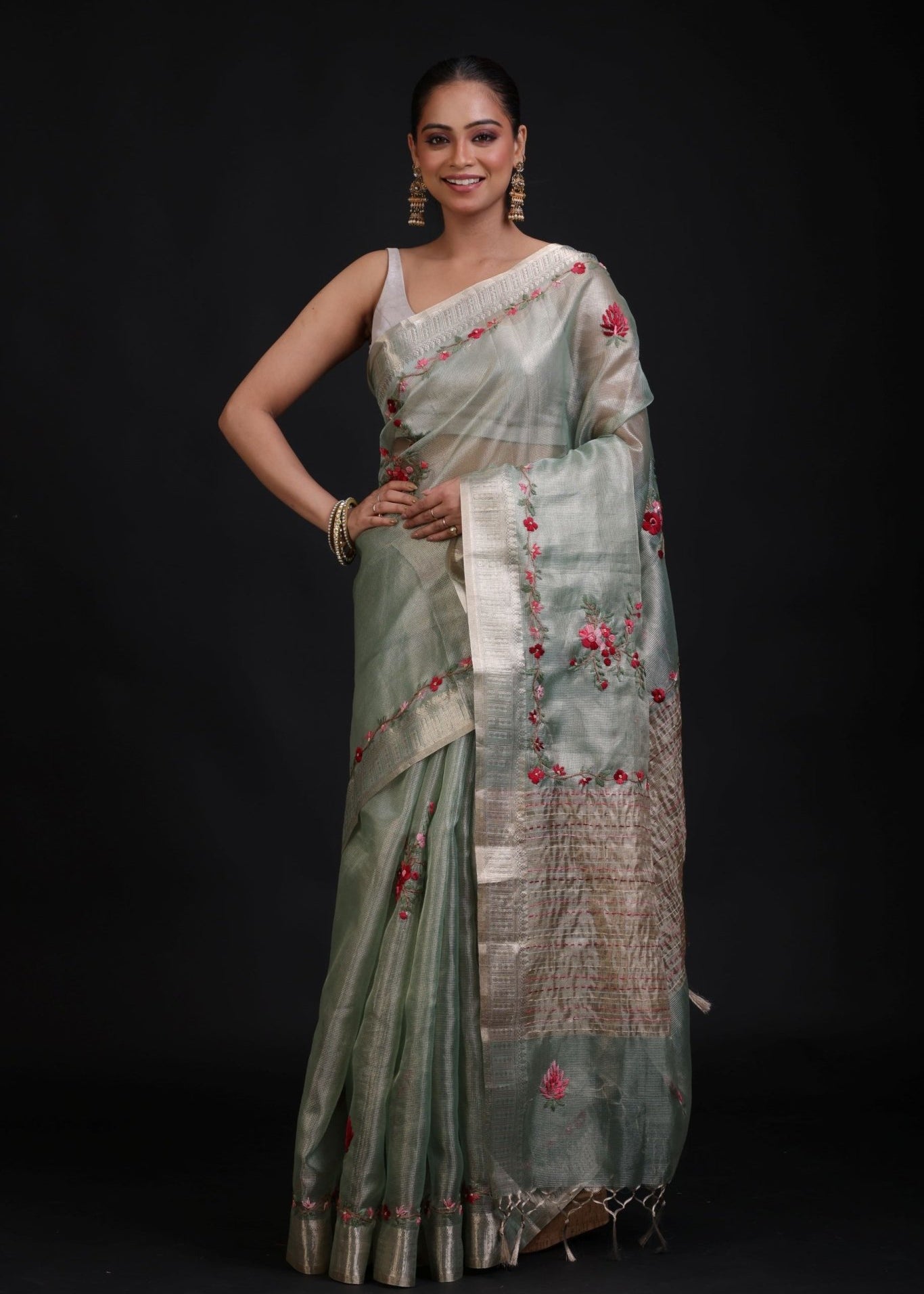 Sage Green Tissue Kota Silk Saree With Floral Thread Embroidery - Anvi Couture
