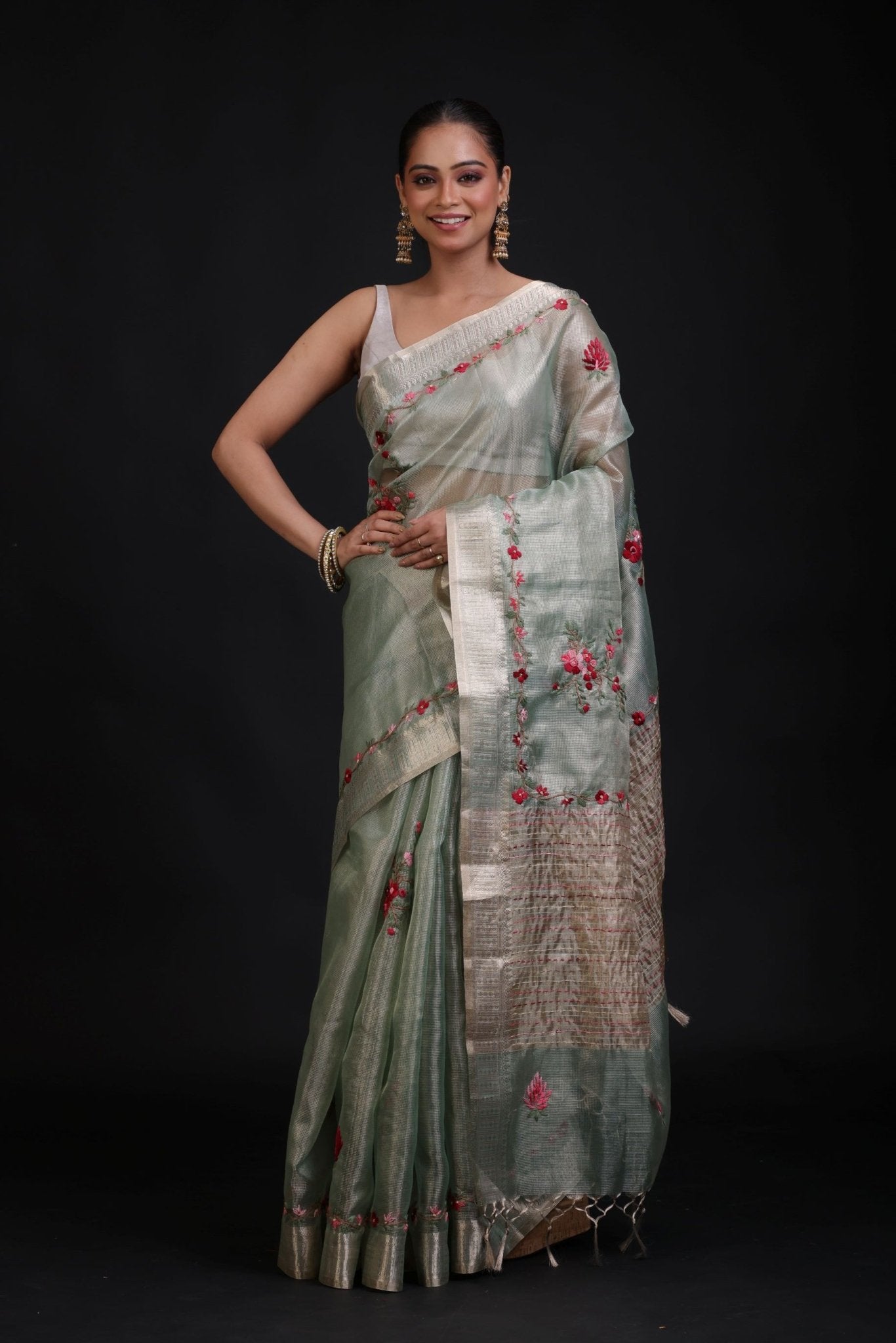 Sage Green Tissue Kota Silk Saree With Floral Thread Embroidery - Anvi Couture