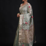 Sage Green Tissue Kota Silk Saree With Floral Thread Embroidery front