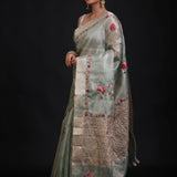 Sage Green Tissue Kota Silk Saree With Floral Thread Embroidery front