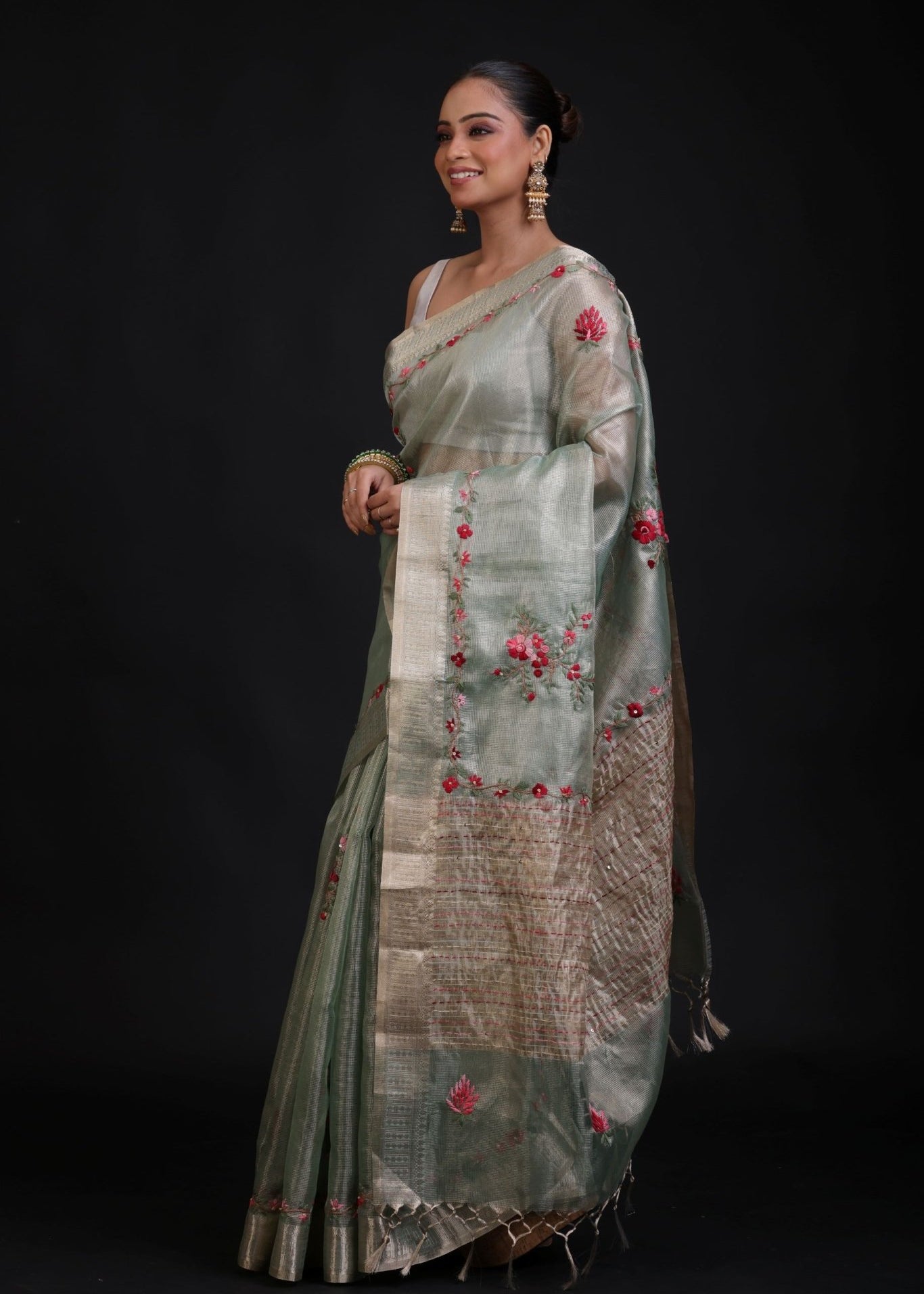 Sage Green Tissue Kota Silk Saree With Floral Thread Embroidery - Anvi Couture