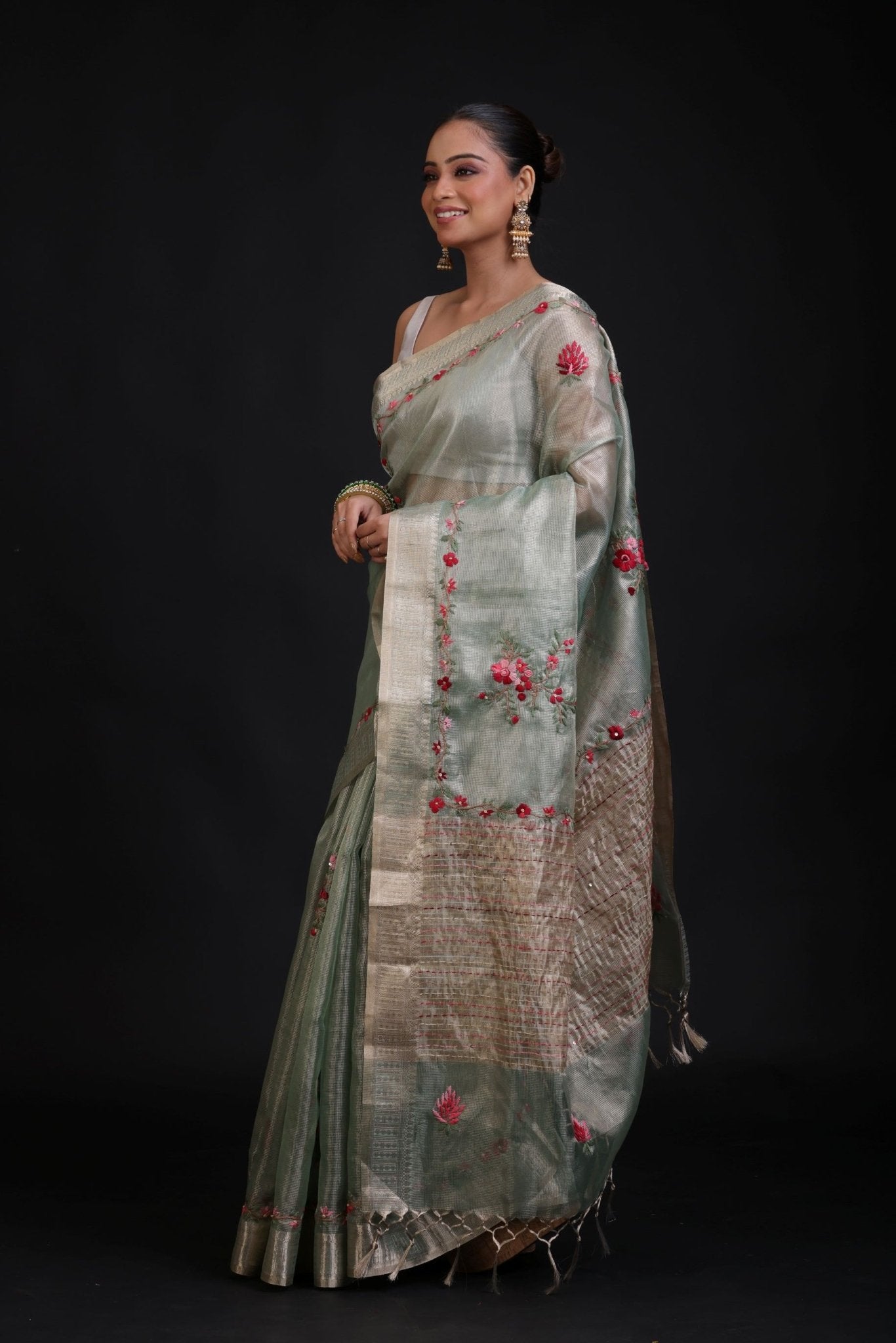 Sage Green Tissue Kota Silk Saree With Floral Thread Embroidery - Anvi Couture