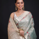 Sage Green Tissue Kota Silk Saree With Floral Thread Embroidery close up