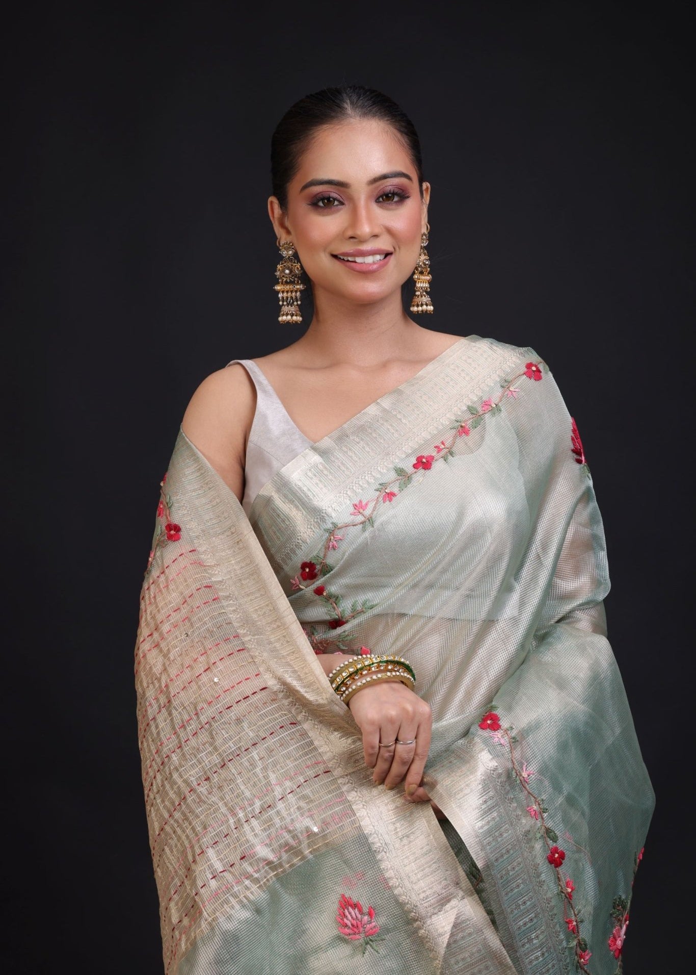Sage Green Tissue Kota Silk Saree With Floral Thread Embroidery - Anvi Couture