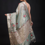 Sage Green Tissue Kota Silk Saree With Floral Thread Embroidery back
