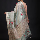 Sage Green Tissue Kota Silk Saree With Floral Thread Embroidery back