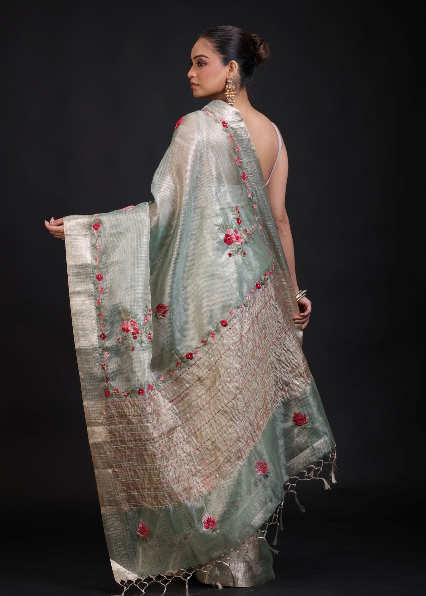 Sage Green Tissue Kota Silk Saree With Floral Thread Embroidery - Anvi Couture