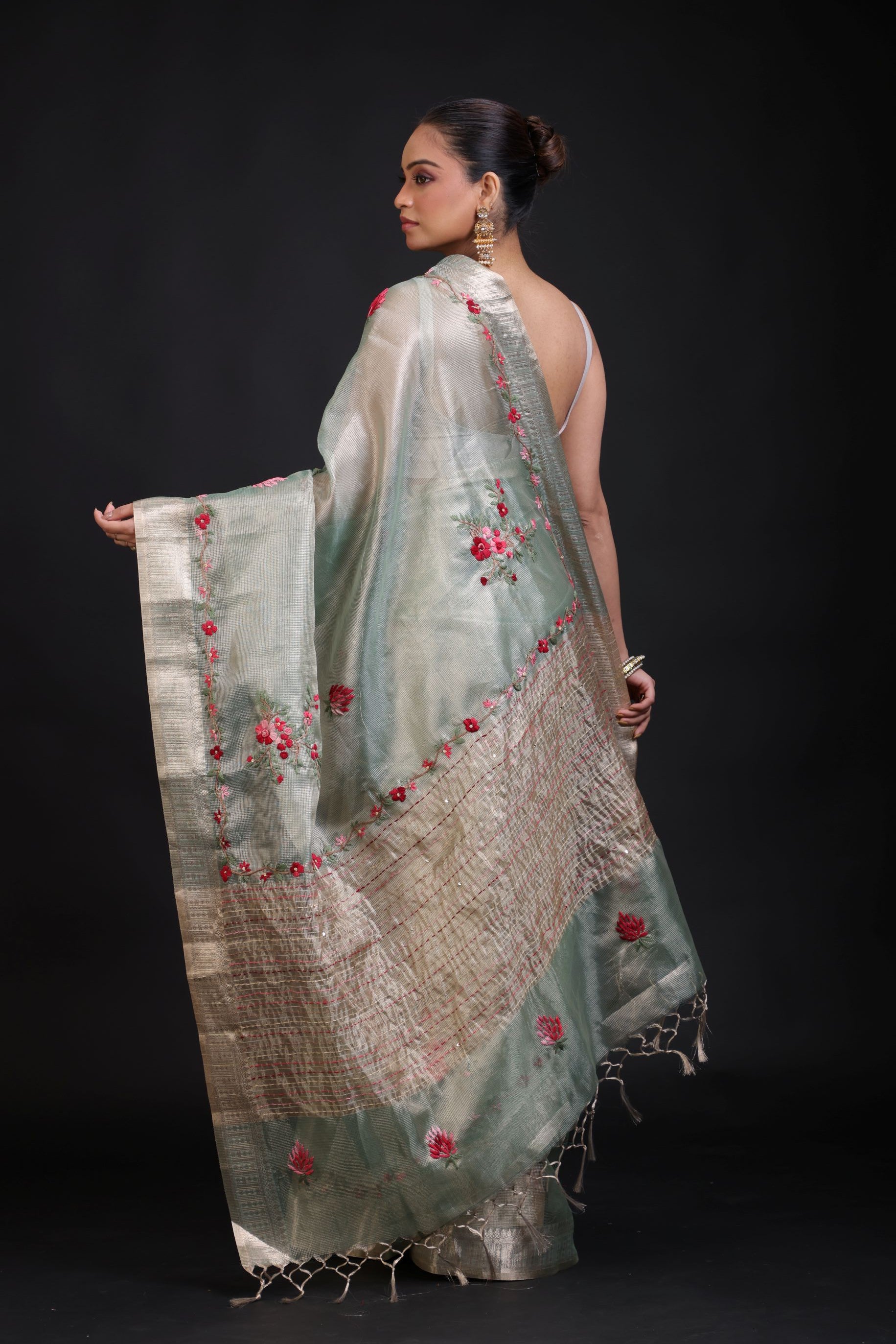 Sage Green Tissue Kota Silk Saree With Floral Thread Embroidery back