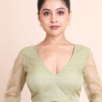 Sage Green V Neckline Organza Blouse - Anvi Couture