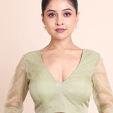 Sage Green V Neckline Organza Blouse - Anvi Couture