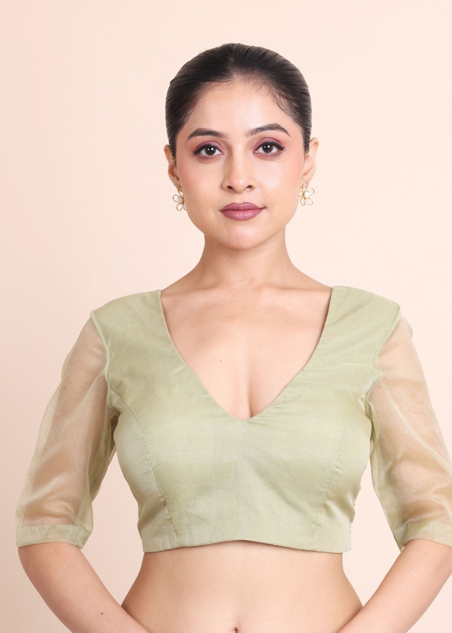 Sage Green V Neckline Organza Blouse - Anvi Couture