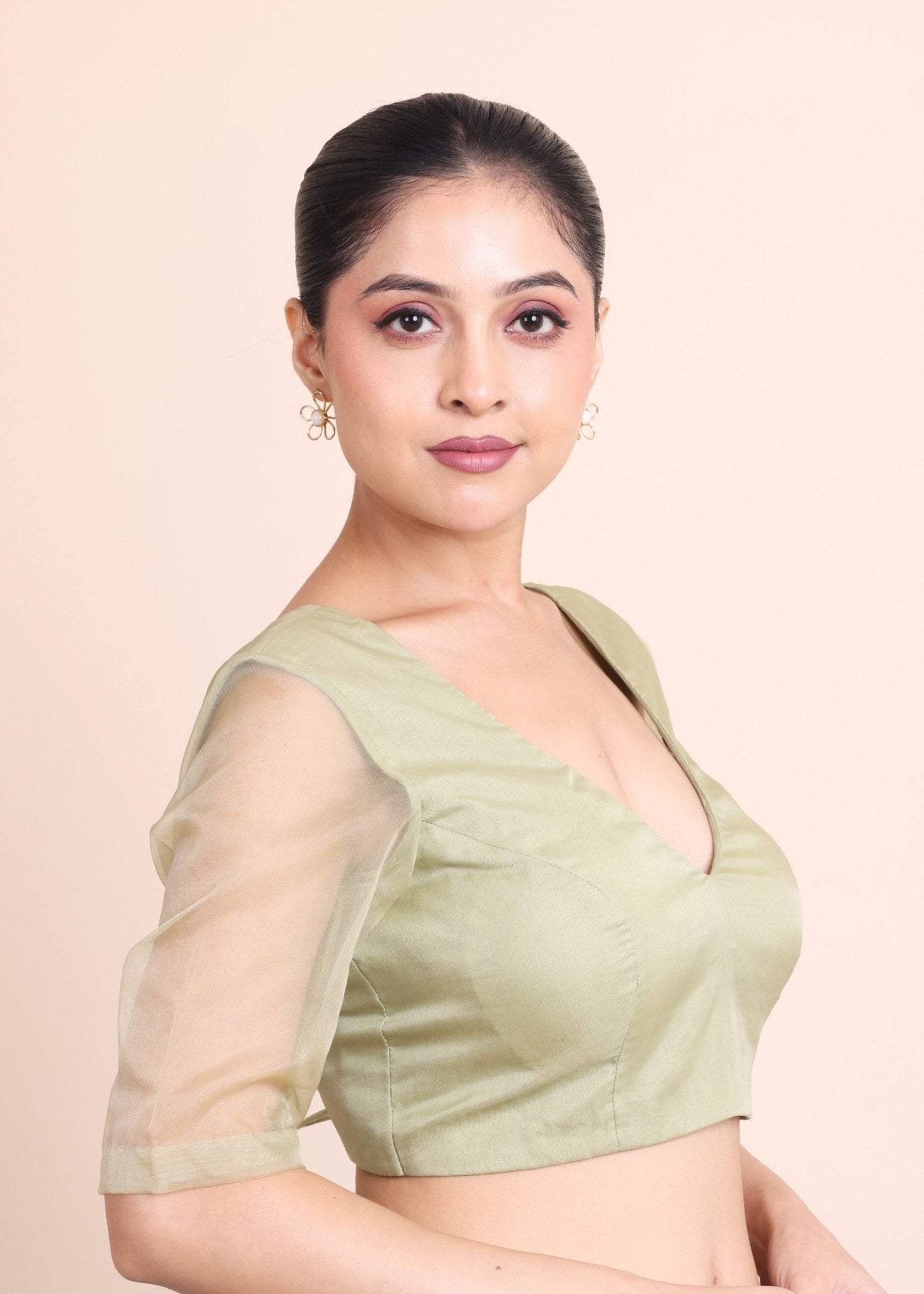 Sage Green V Neckline Organza Blouse - Anvi Couture