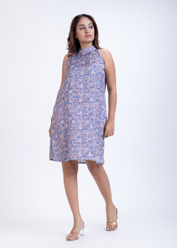 Satin Blue Grey Highneck Dress - Anvi Couture