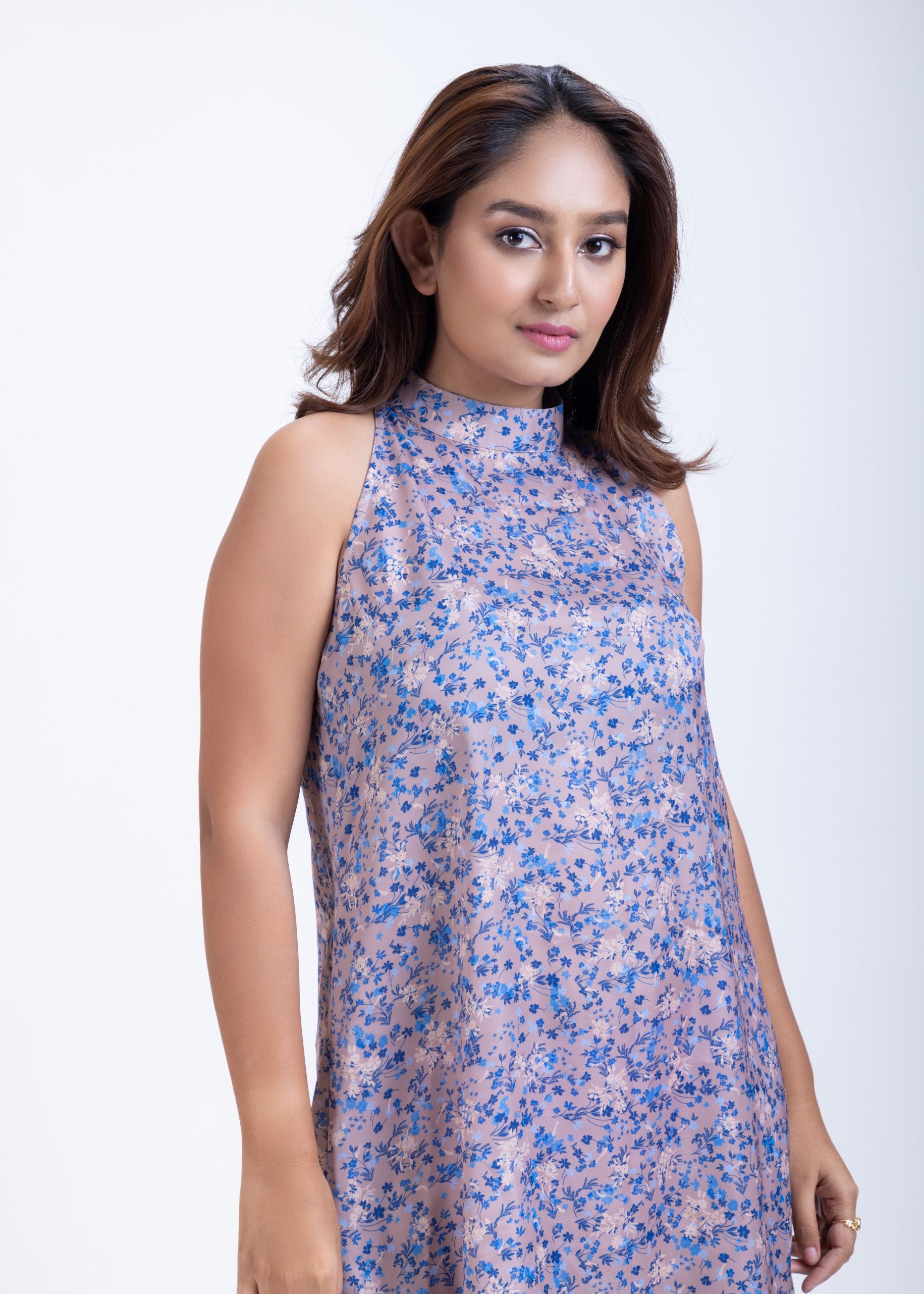 Satin Blue Grey Highneck Dress Front
