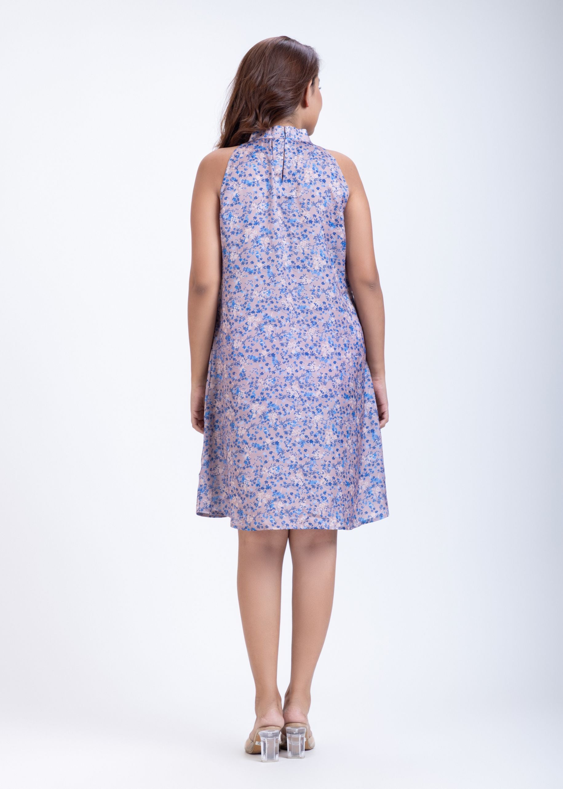 Satin Blue Grey Highneck Dress Back

