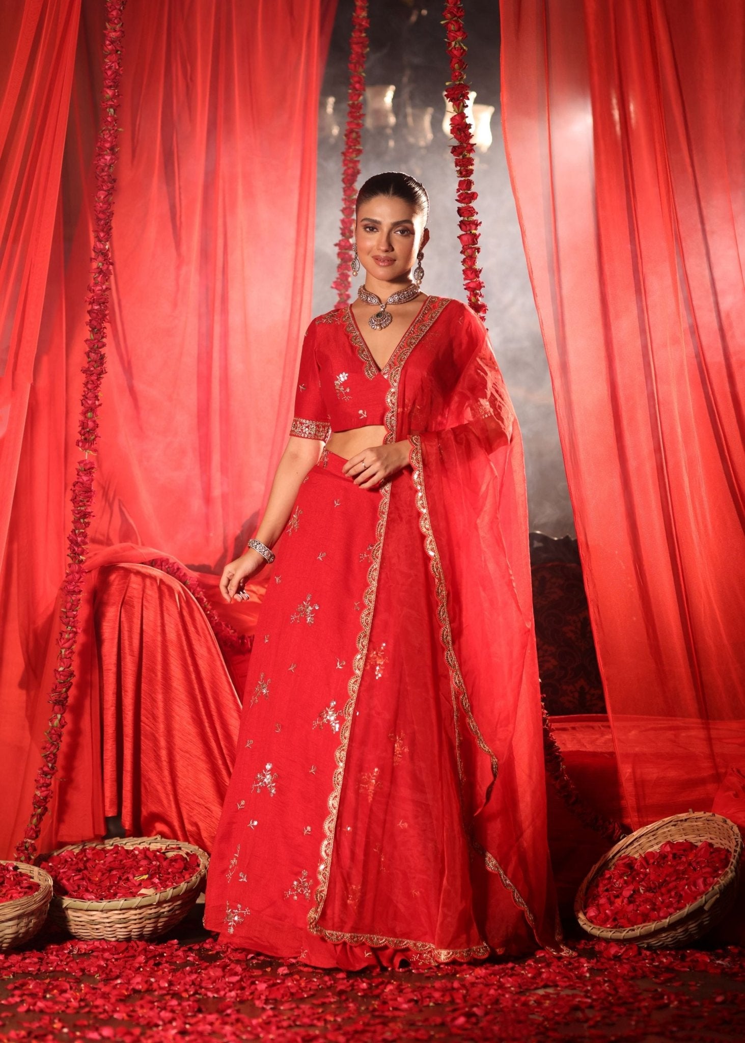 Scarlet Red Lehenga Set with Zardozi Embellished Work - Anvi Couture