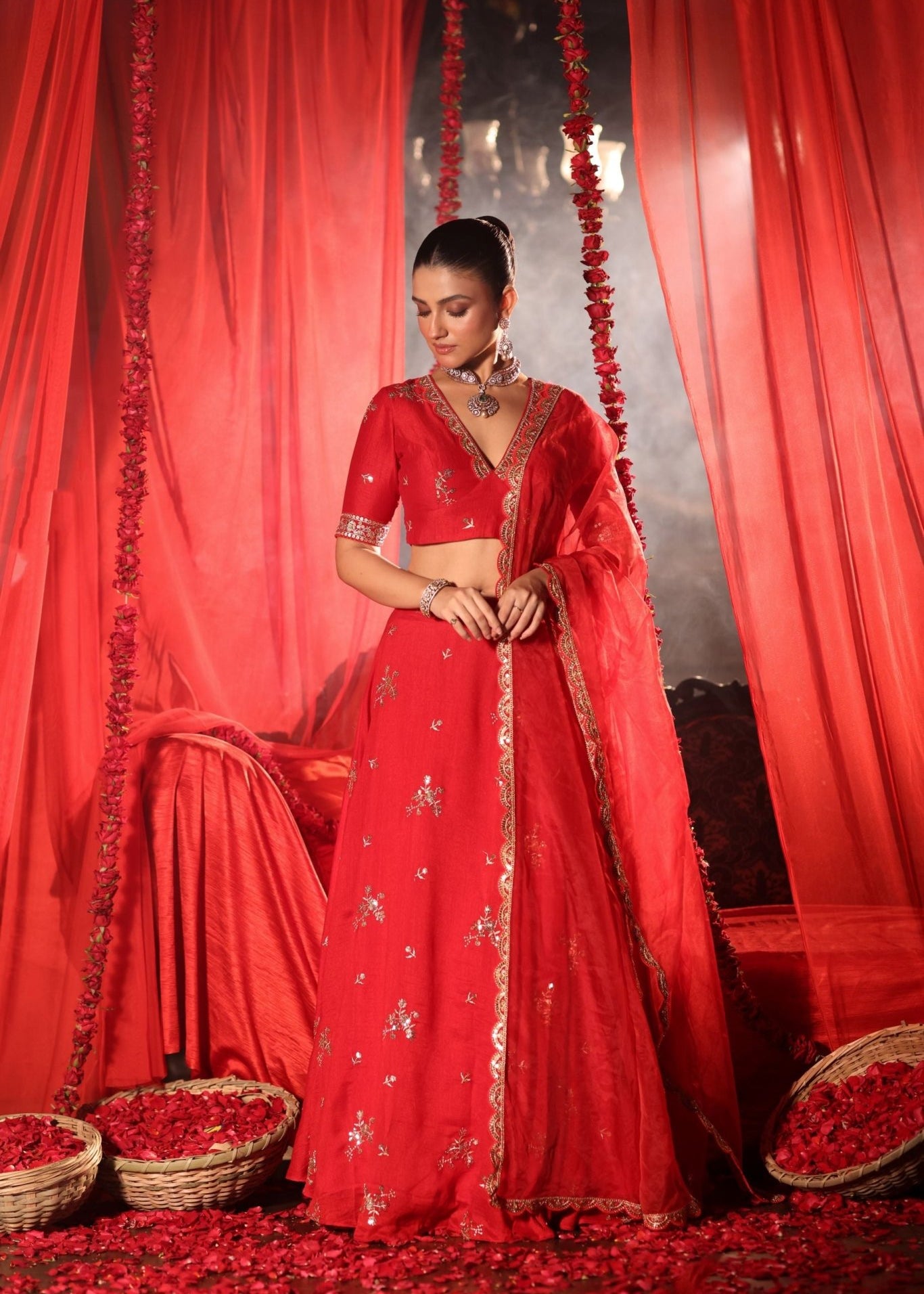 Scarlet Red Lehenga Set with Zardozi Embellished Work - Anvi Couture