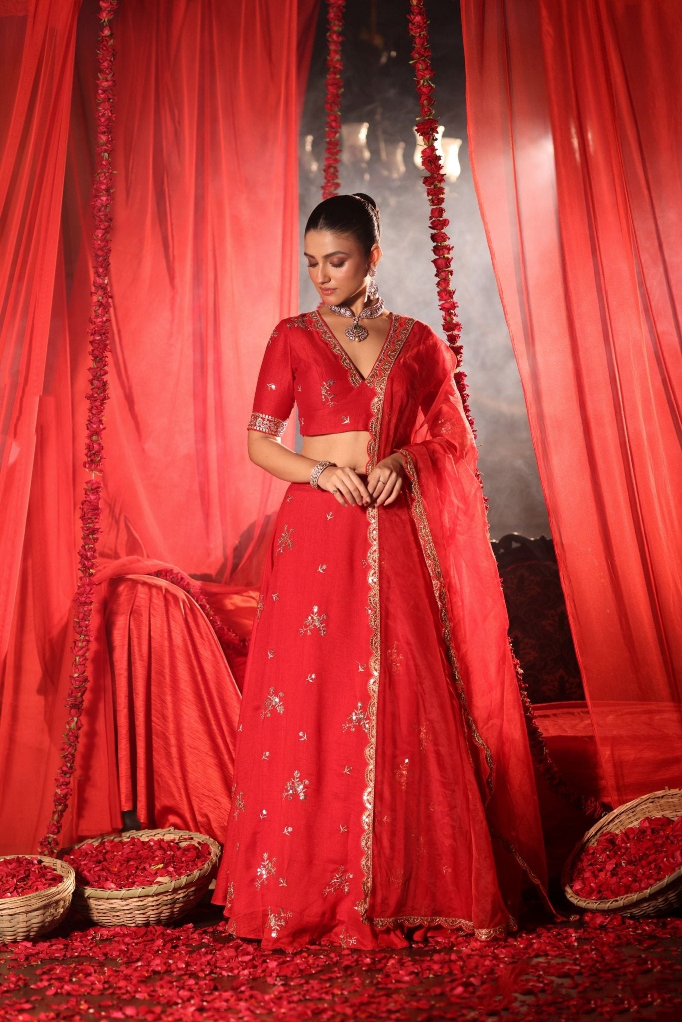 Scarlet Red Lehenga Set with Zardozi Embellished Work - Anvi Couture