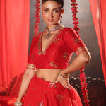 Scarlet Red Lehenga Set with Zardozi Embellished Work close up