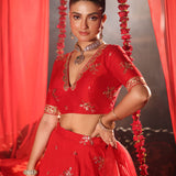 Scarlet Red Lehenga Set with Zardozi Embellished Work close up