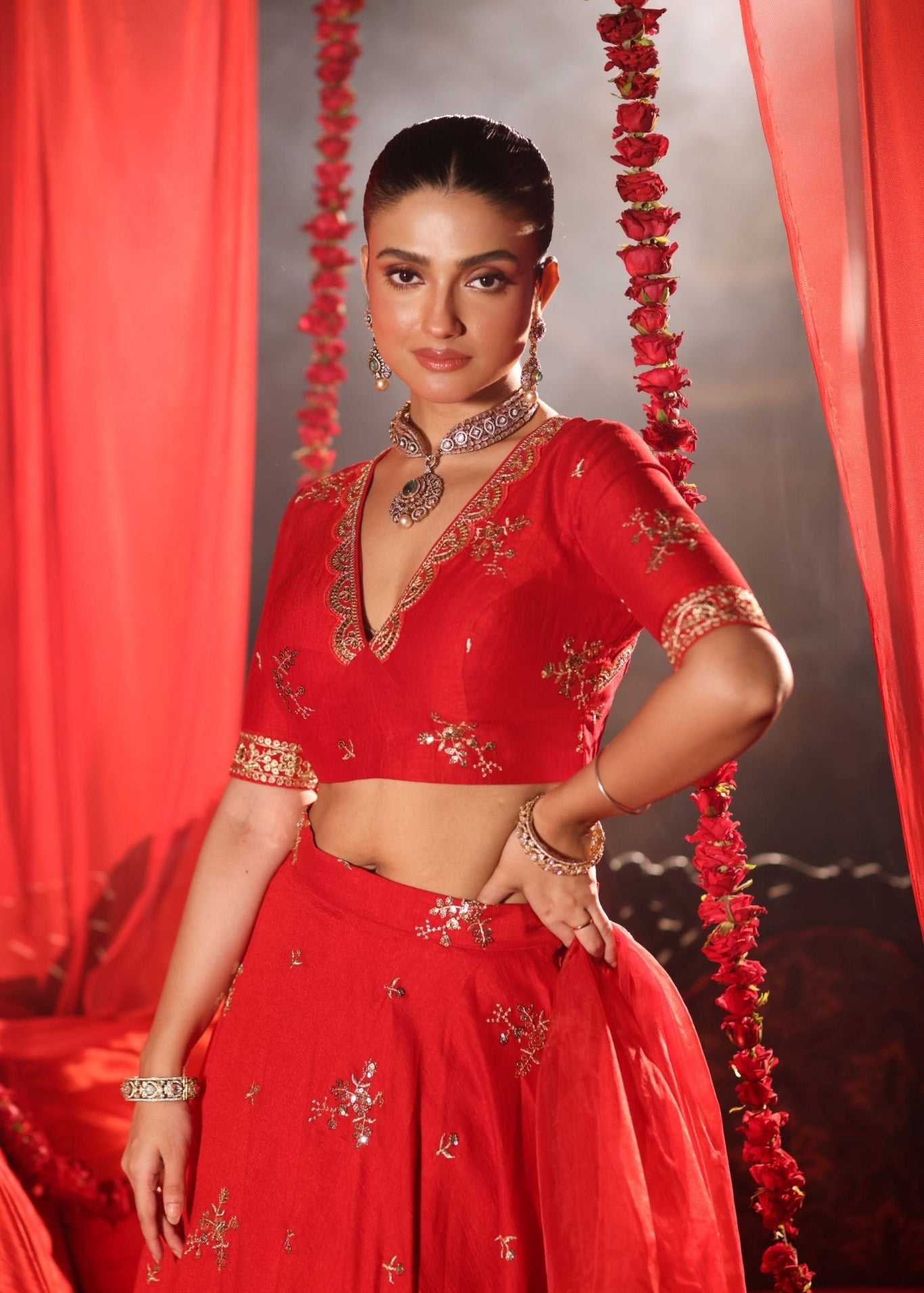 Scarlet Red Lehenga Set with Zardozi Embellished Work - Anvi Couture