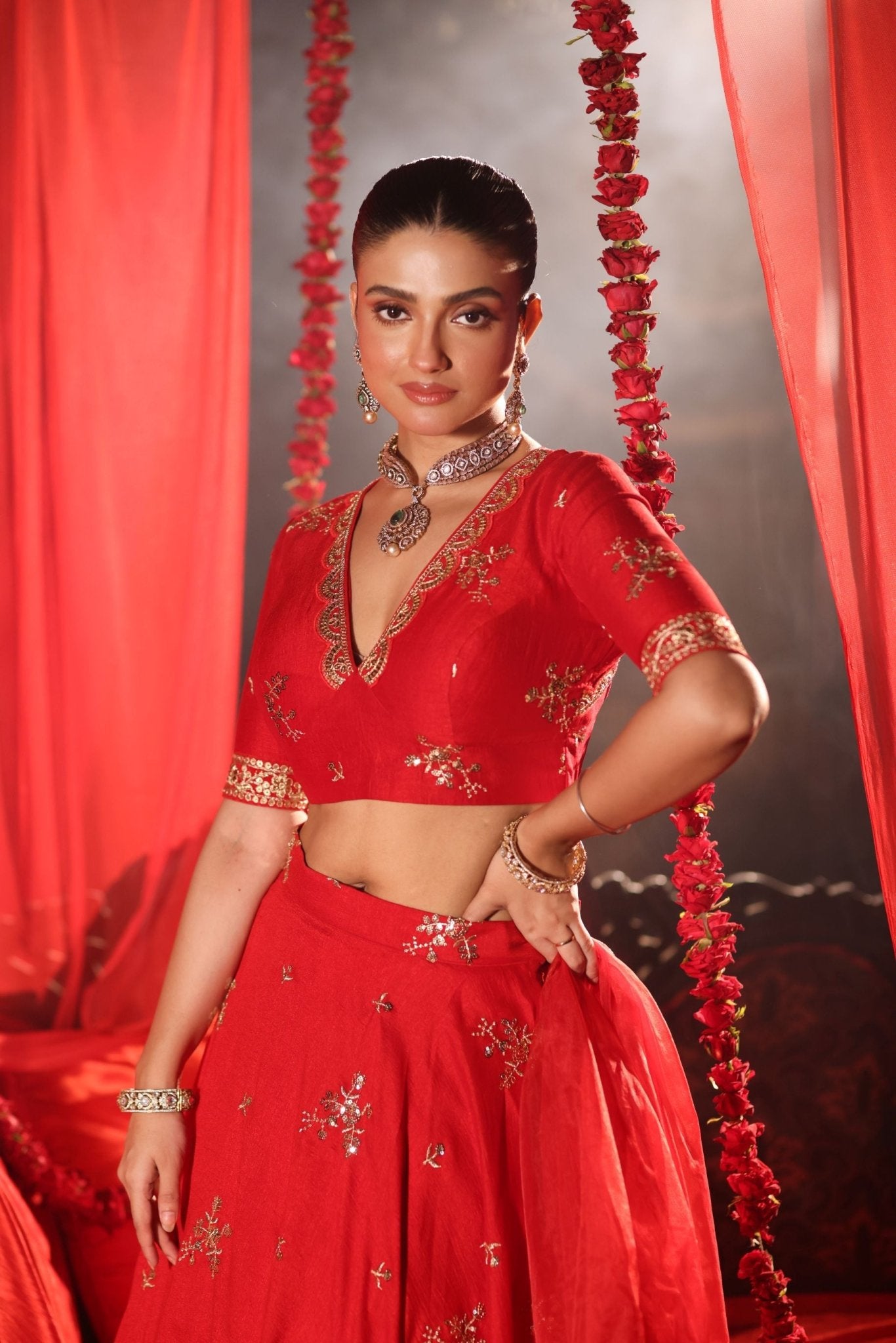 Scarlet Red Lehenga Set with Zardozi Embellished Work - Anvi Couture