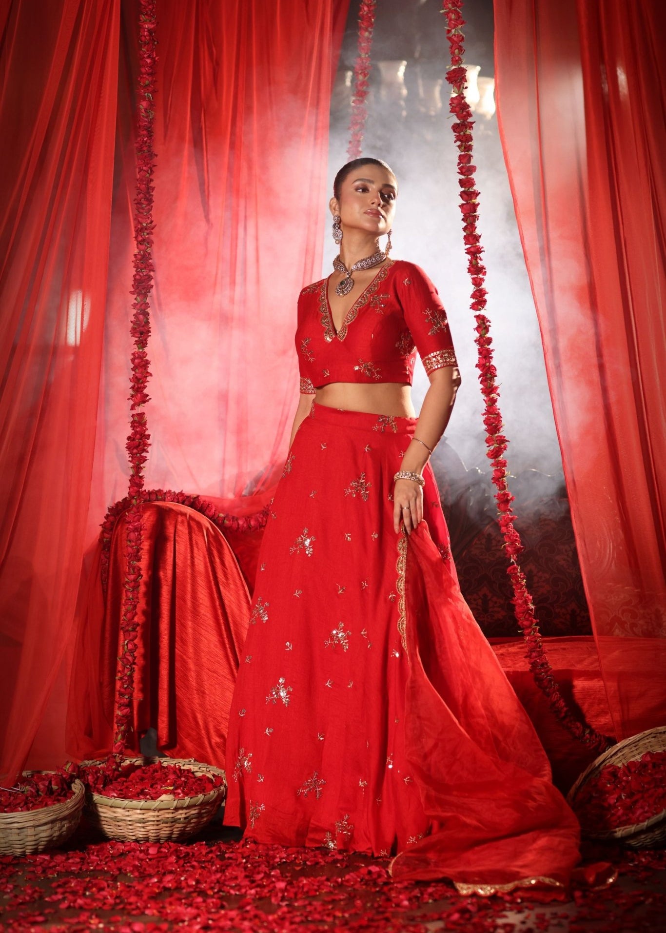 Scarlet Red Lehenga Set with Zardozi Embellished Work - Anvi Couture