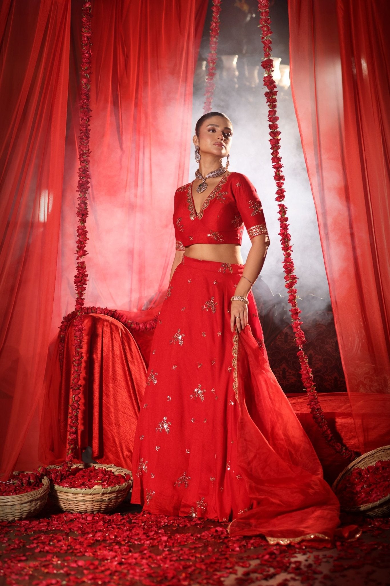 Scarlet Red Lehenga Set with Zardozi Embellished Work - Anvi Couture
