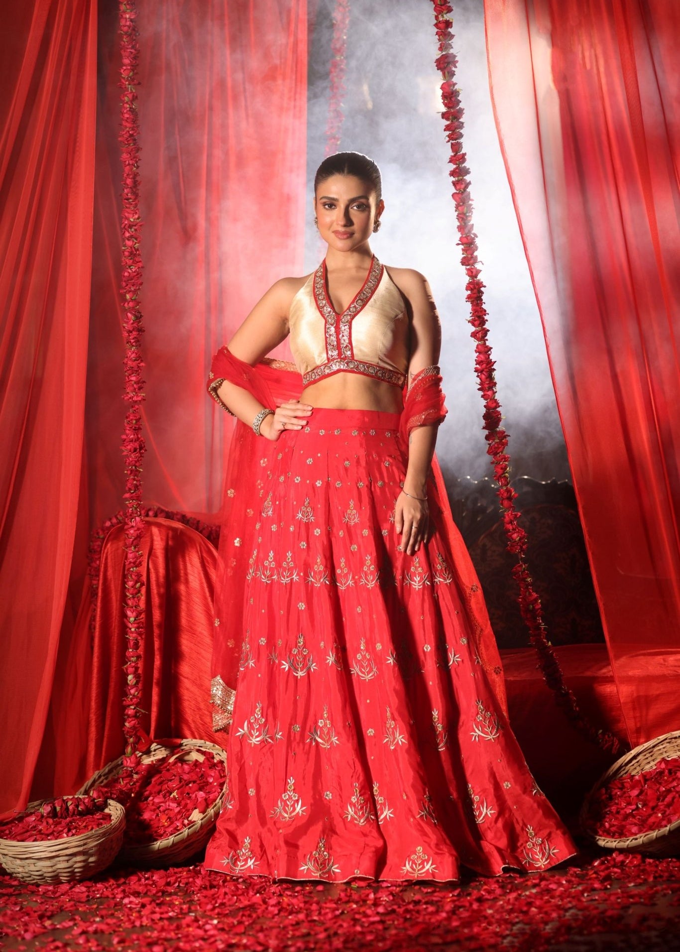 Red Lehenga Set with Contrast Blouse - Anvi Couture