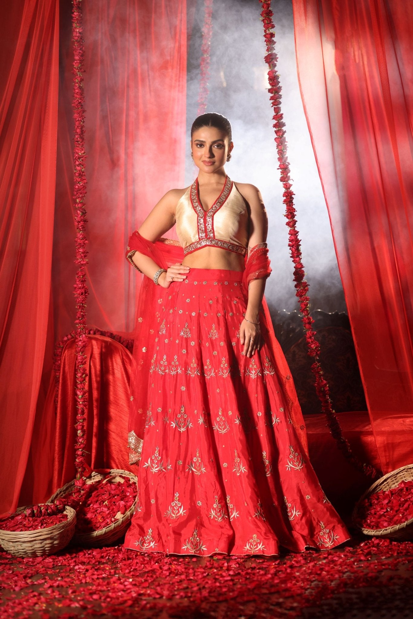 Red Lehenga Set with Contrast Blouse - Anvi Couture