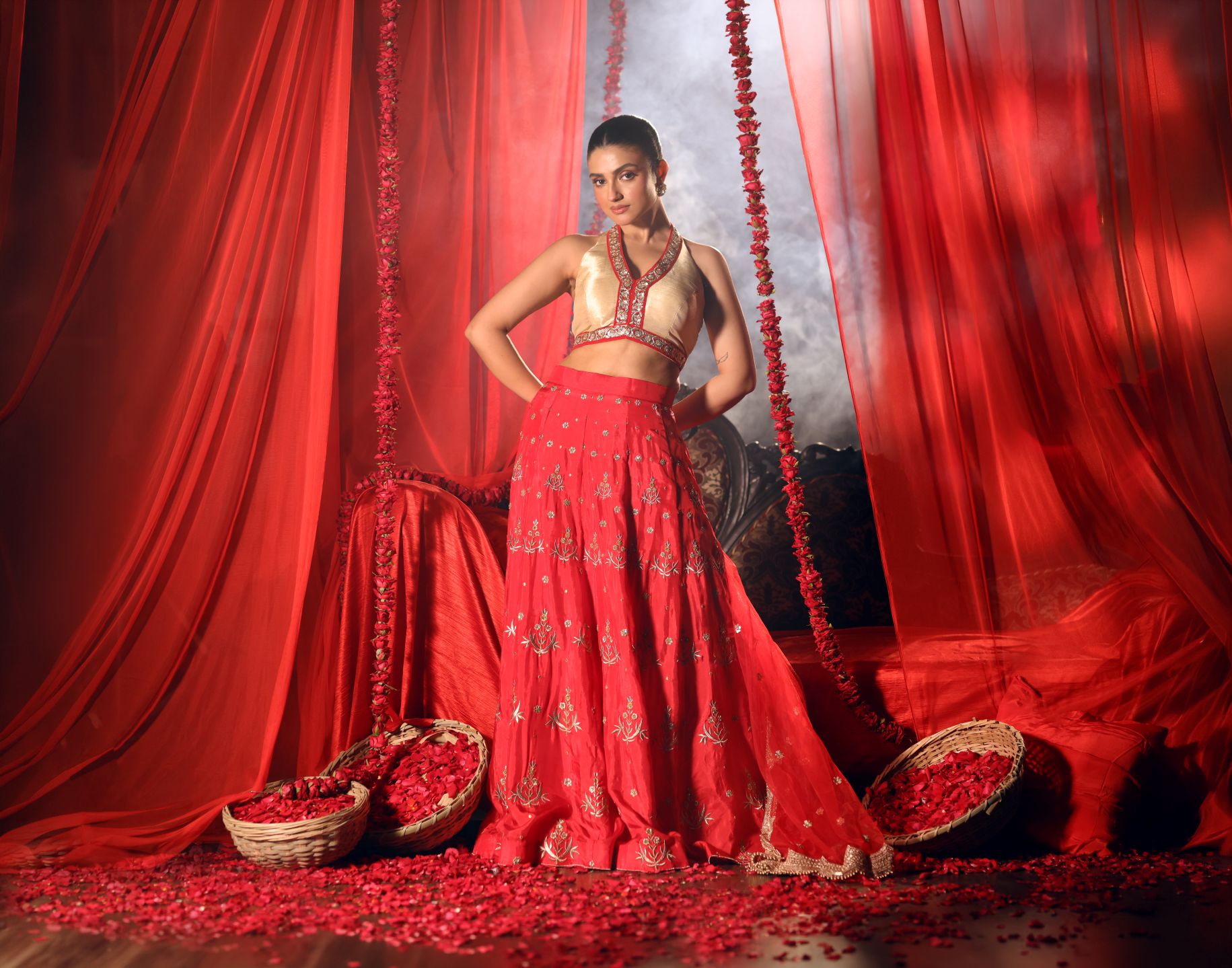 Red Lehenga Set with Contrast Blouse - Anvi Couture