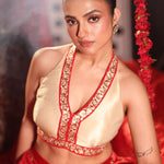 Scarlet Red Lehenga Set with Zardozi Embellished Works close up
