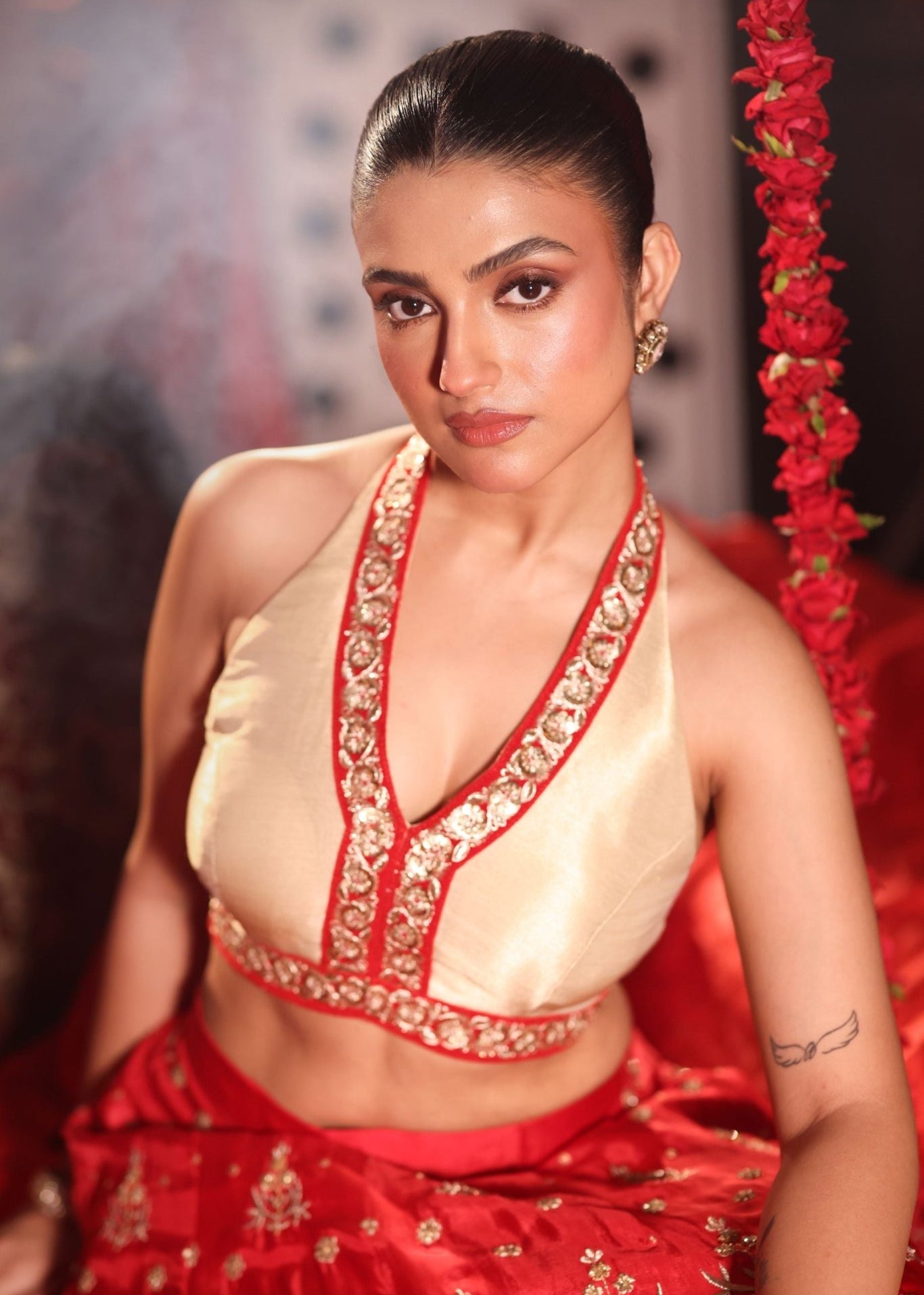Red Lehenga Set with Contrast Blouse - Anvi Couture