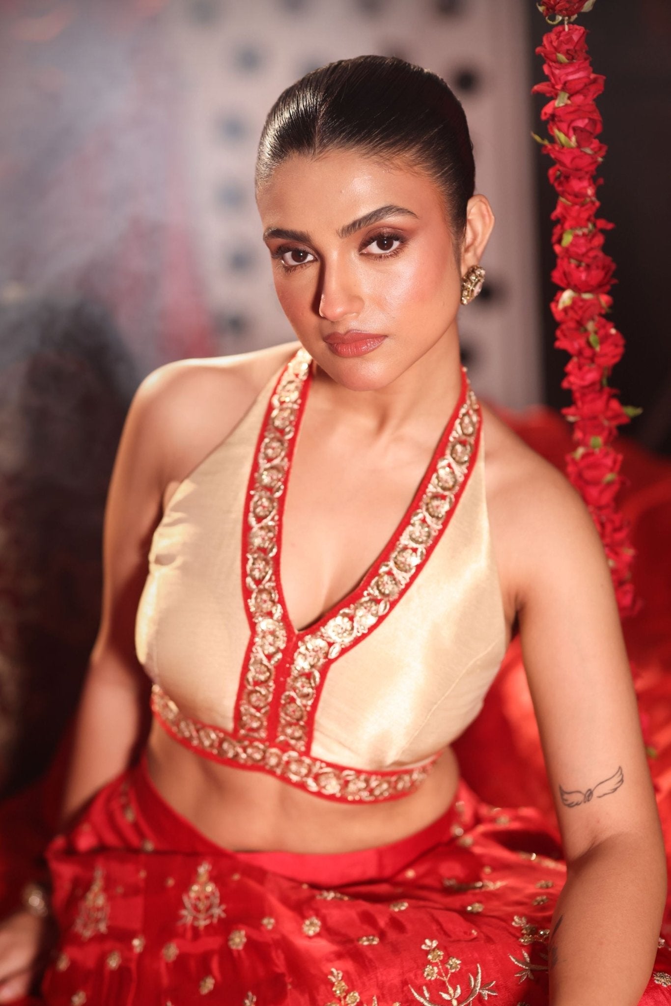 Red Lehenga Set with Contrast Blouse - Anvi Couture