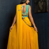 Yellow Designer Pre - Drape Saree with Embroidered Blouse - Anvi Couture