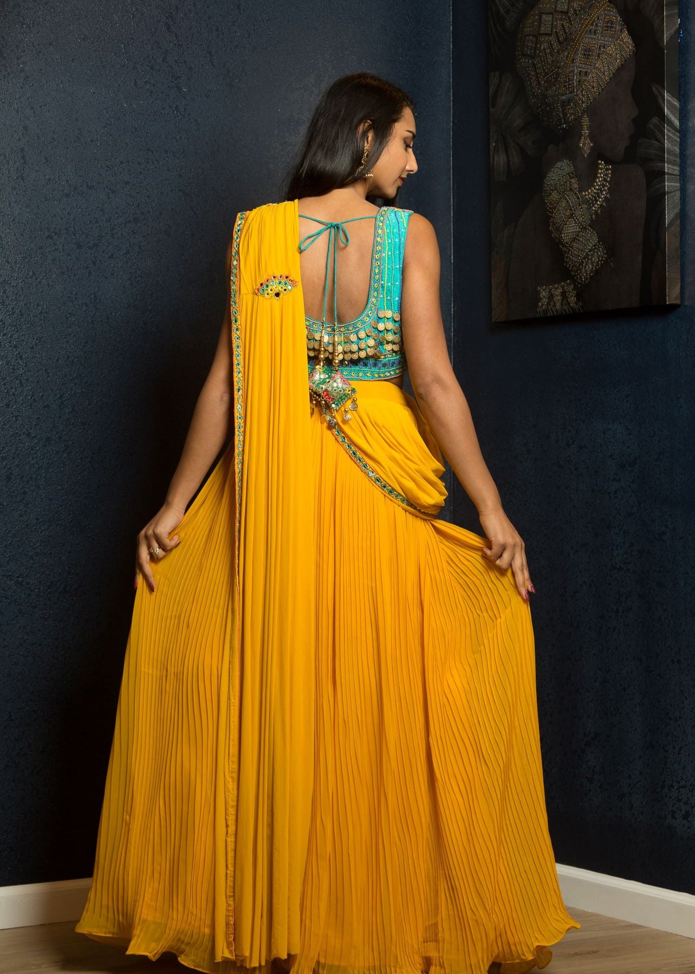 Yellow Designer Pre - Drape Saree with Embroidered Blouse - Anvi Couture