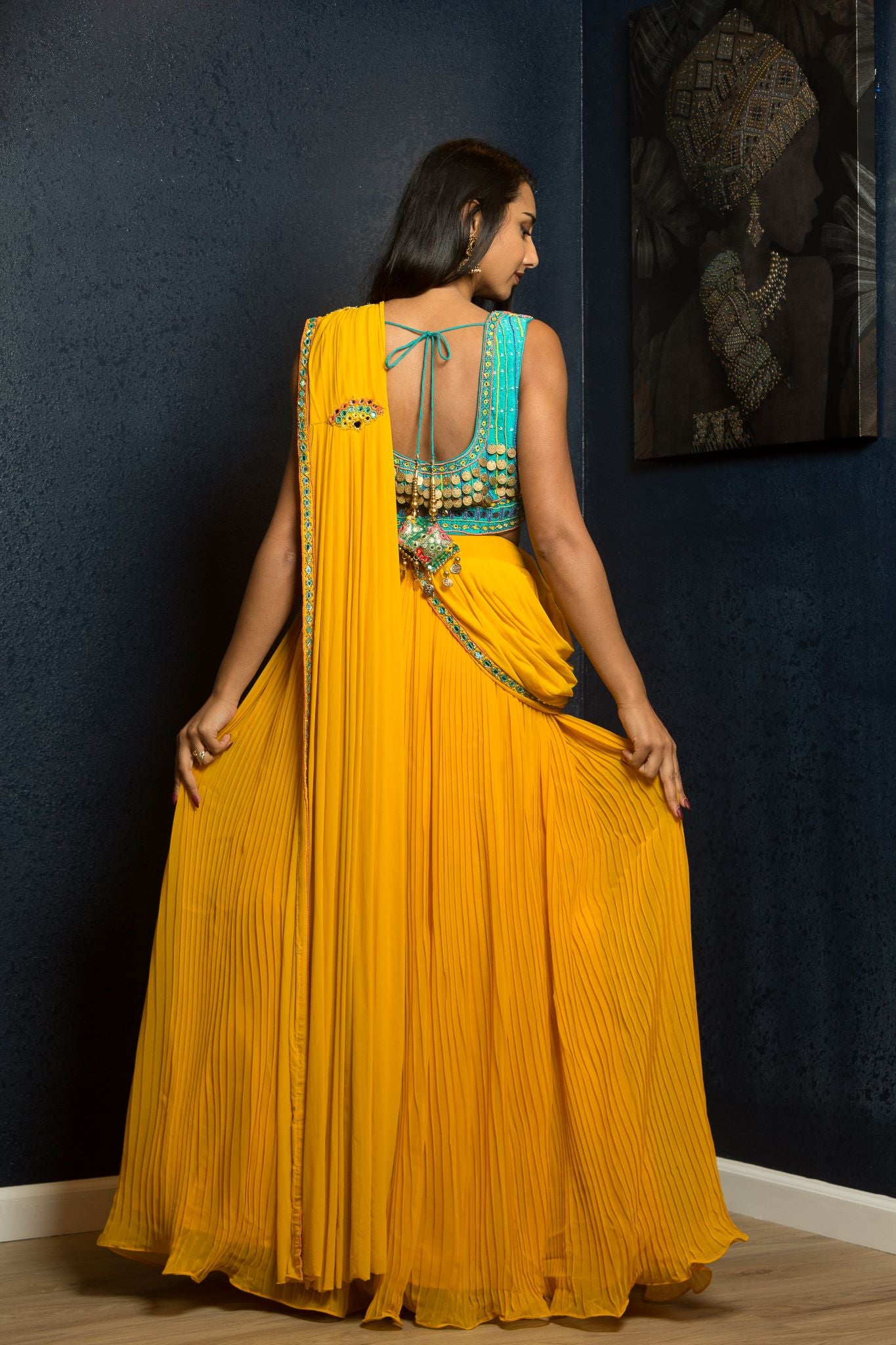 Yellow Designer Pre - Drape Saree with Embroidered Blouse - Anvi Couture