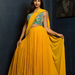 Yellow Designer Pre - Drape Saree with Embroidered Blouse - Anvi Couture