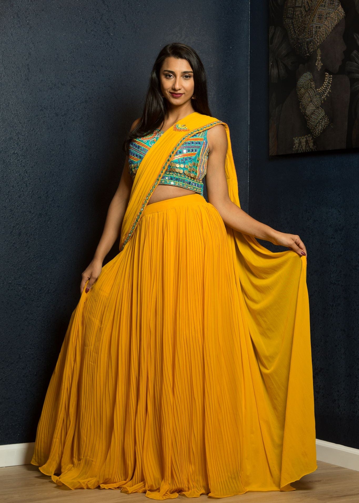 Yellow Designer Pre - Drape Saree with Embroidered Blouse - Anvi Couture