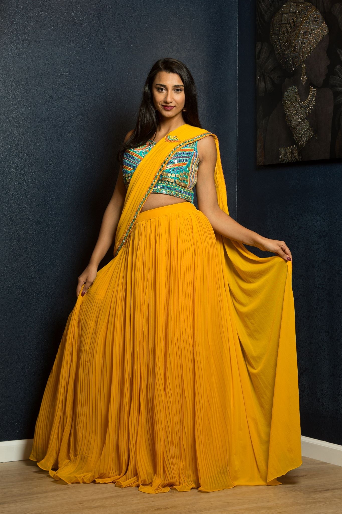 Yellow Designer Pre - Drape Saree with Embroidered Blouse - Anvi Couture