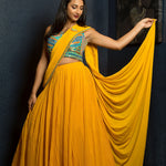 Yellow Designer Pre - Drape Saree with Embroidered Blouse - Anvi Couture