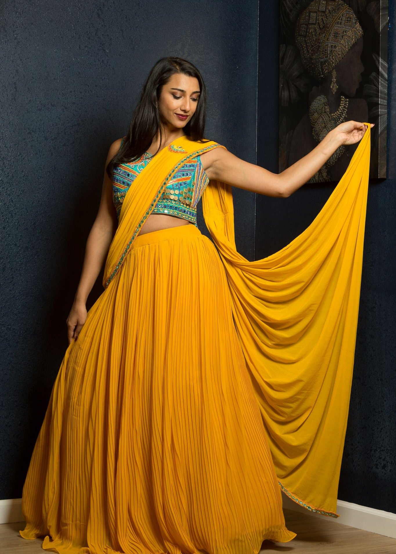 Yellow Designer Pre - Drape Saree with Embroidered Blouse - Anvi Couture