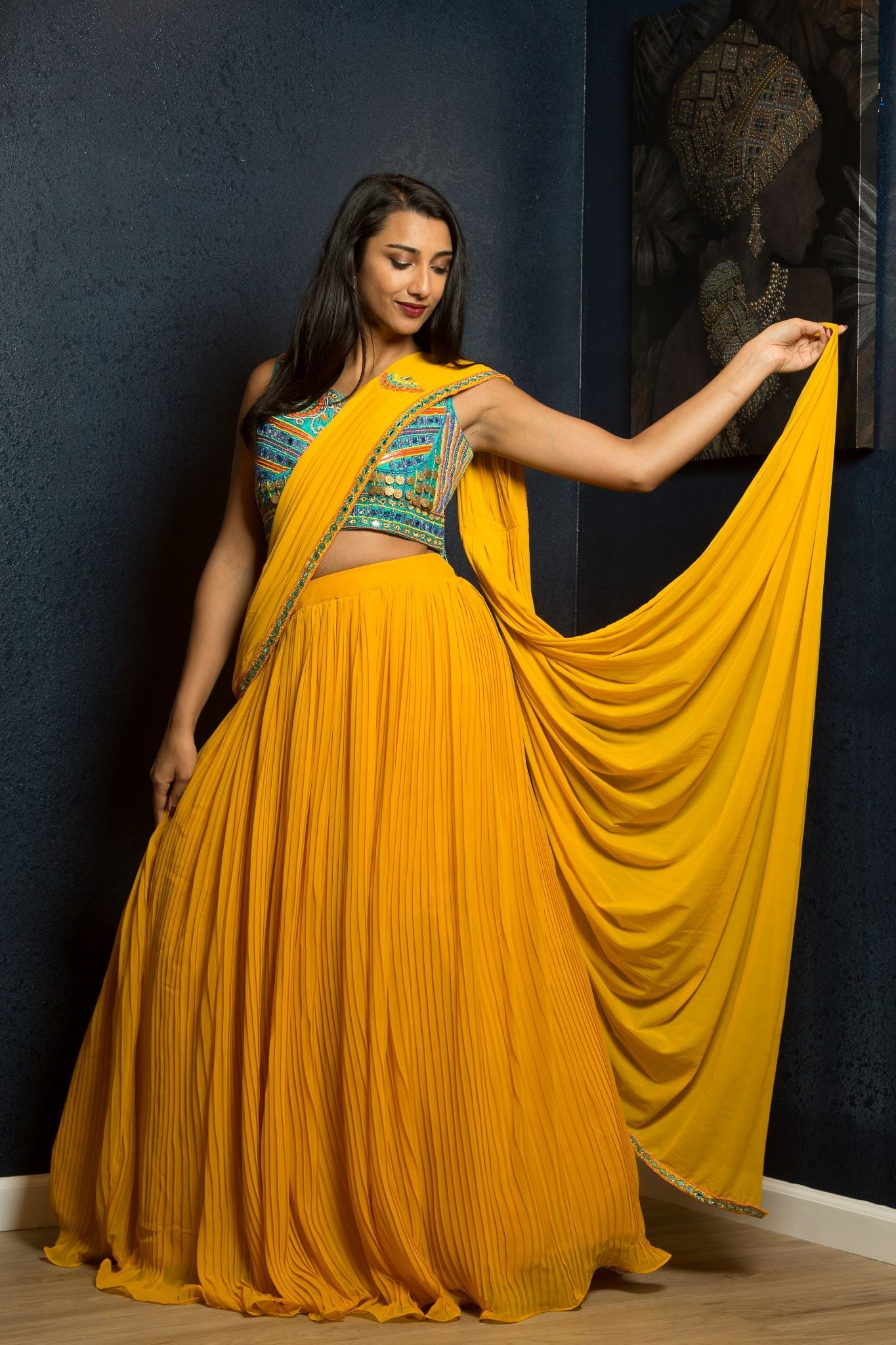 Yellow Designer Pre - Drape Saree with Embroidered Blouse - Anvi Couture