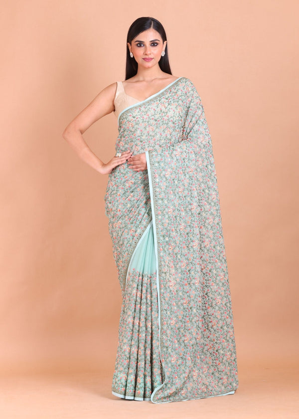 Sea Blue All Over Floral Embroidered Georgette Saree - Anvi Couture