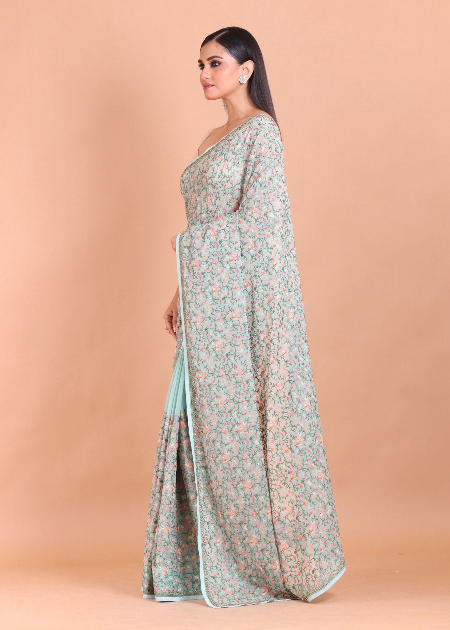 Sea Blue All Over Floral Embroidered Georgette Saree - Anvi Couture