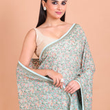Sea Blue All Over Floral Embroidered Georgette Saree - Anvi Couture