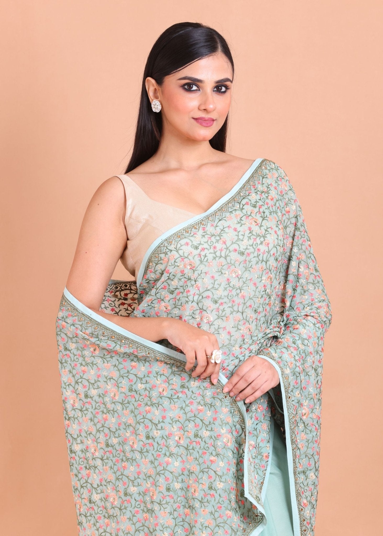 Sea Blue All Over Floral Embroidered Georgette Saree - Anvi Couture