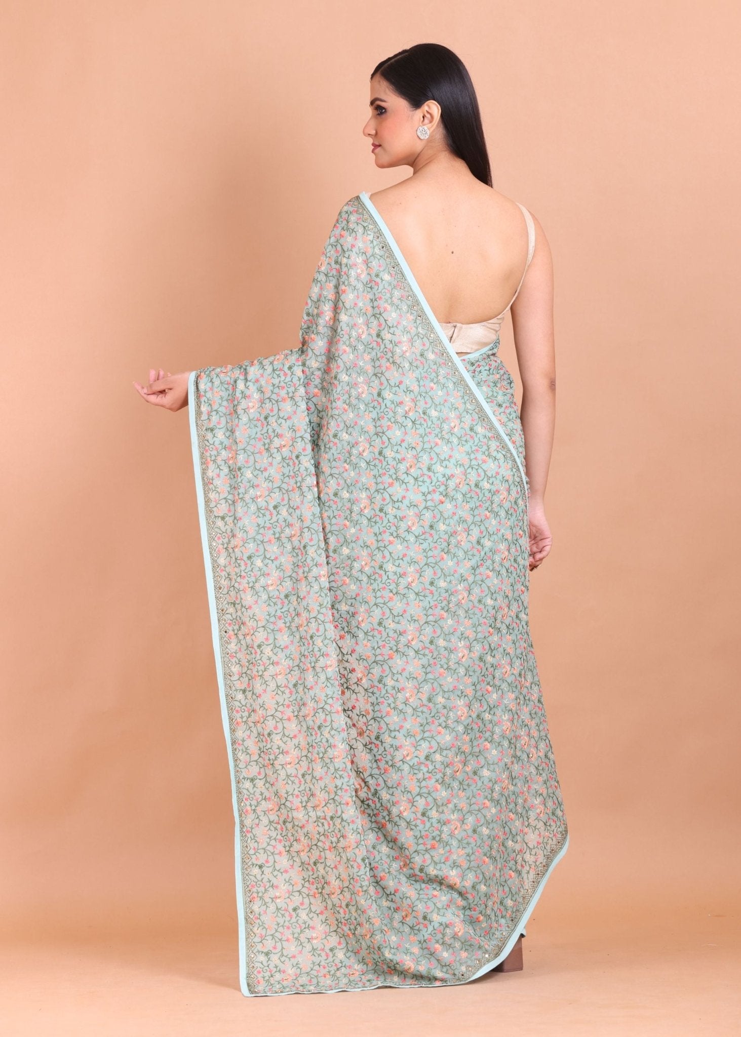 Sea Blue All Over Floral Embroidered Georgette Saree - Anvi Couture