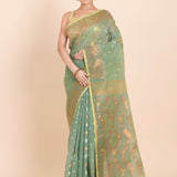 Sea Green Dhakai Jamdani Saree with allover Coper and Gold weaving work - Anvi Couture